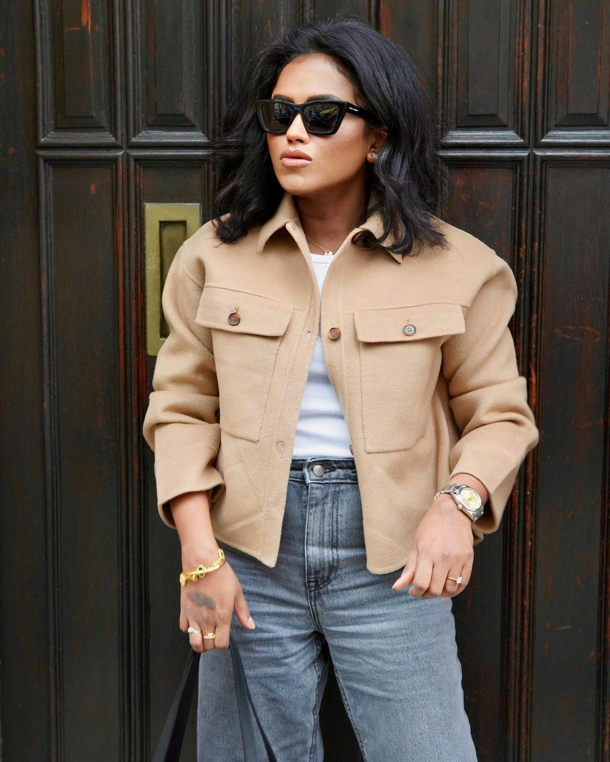 Sachini Dilanka wearing a Theory jacket in London