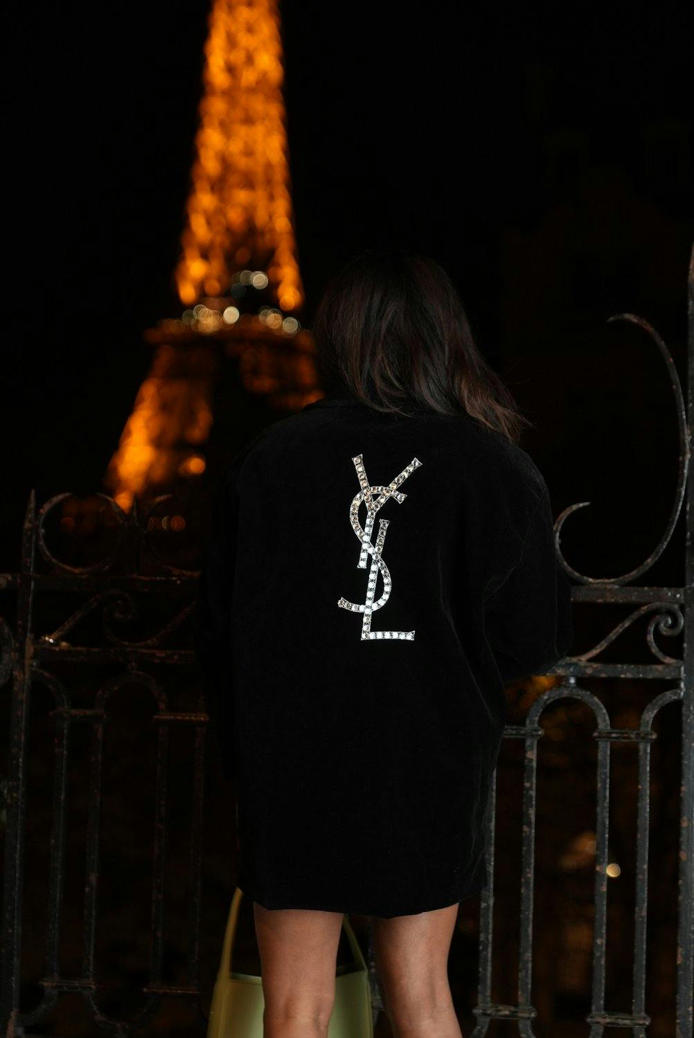 Sachini wearing YSL Jacket in Paris at night