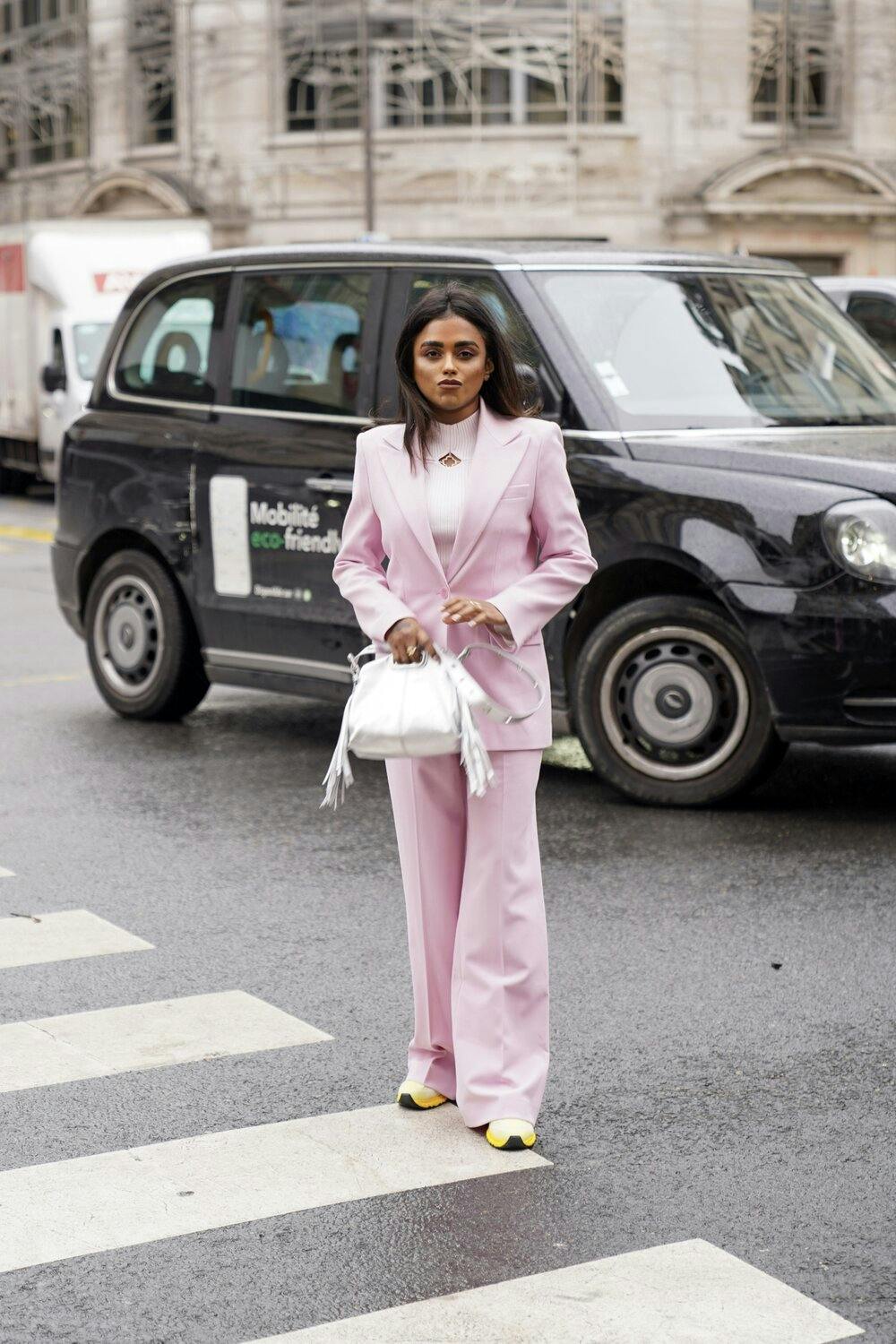 Sachini Dilanka wearing a Pinko Maje suit in Paris