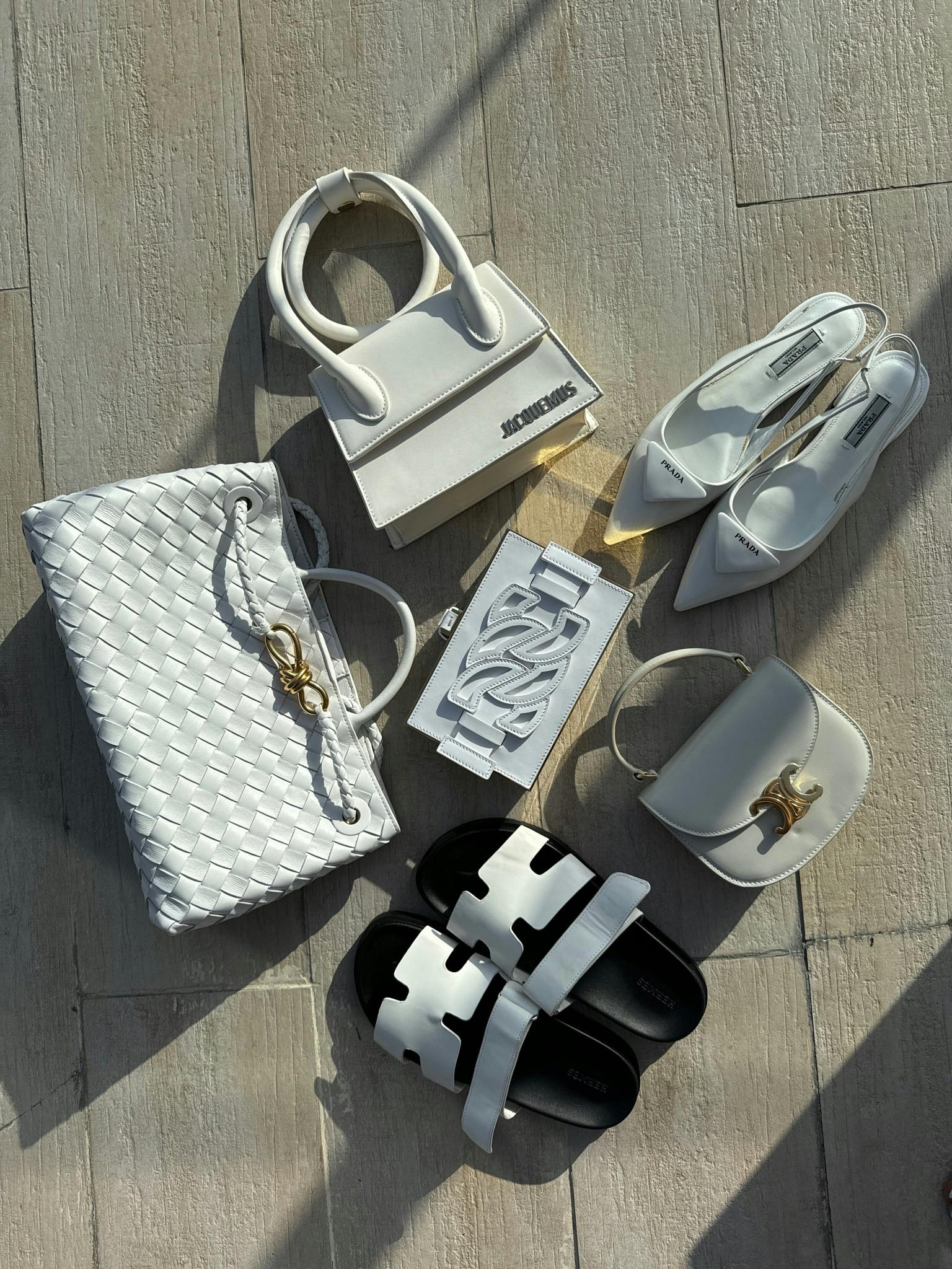 White accessories, Celine mini, Casadei clutch, Prada flats, Bottega white bag, white bag, white shoes