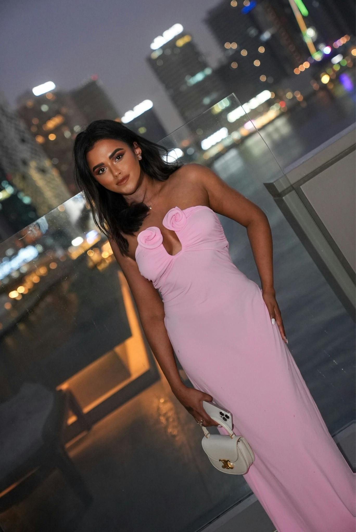 Magda Butrym, MYTHERESA, pink dress, 3D flowers, maxi dress, date night dress, Dubai outfit, wedding guest dress