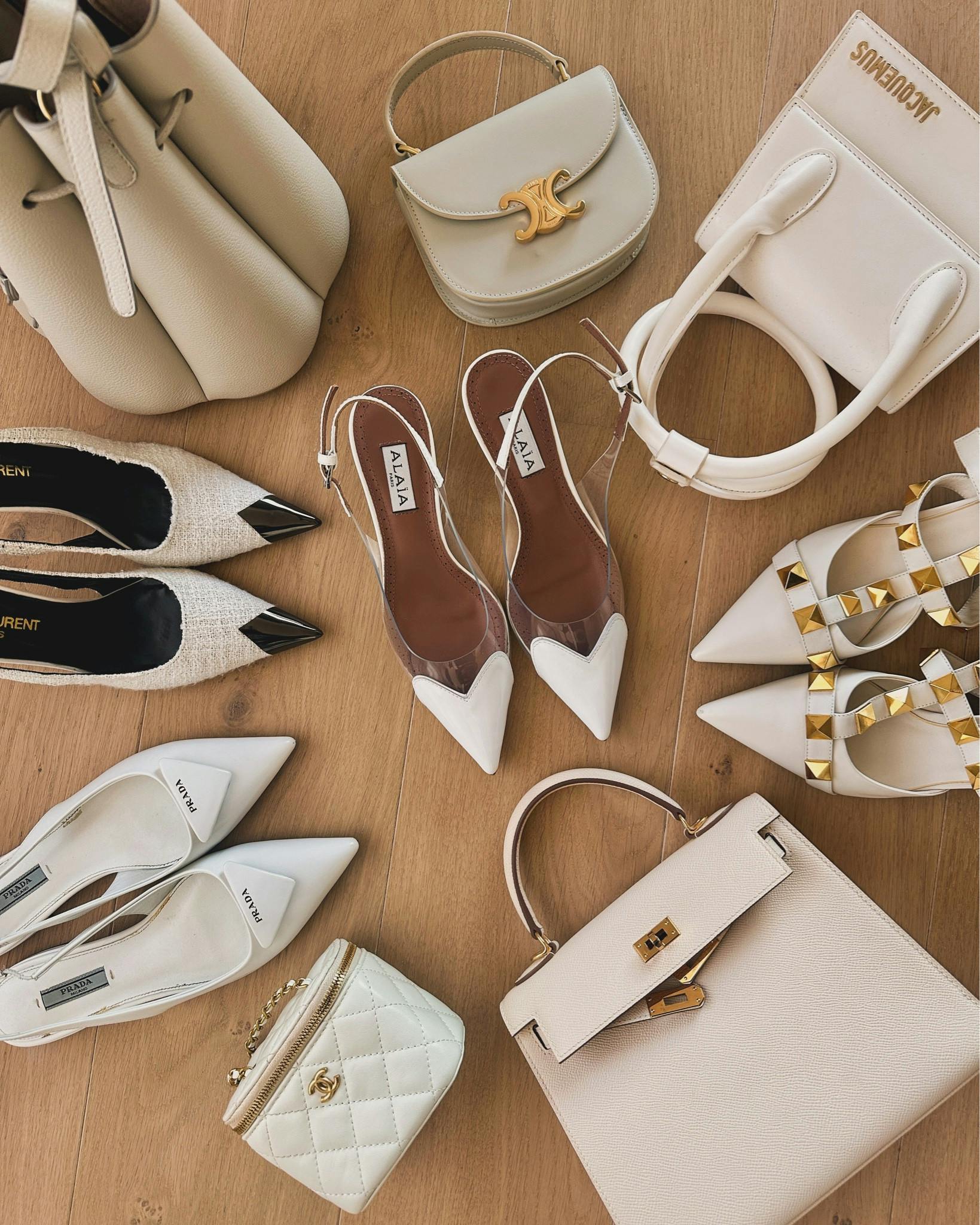 White bags, white shoes, winter accessories,  Prada flats, YSL heels, celine mini bag, Chanel mini bag, Hermes Kelly, Valentino pumps