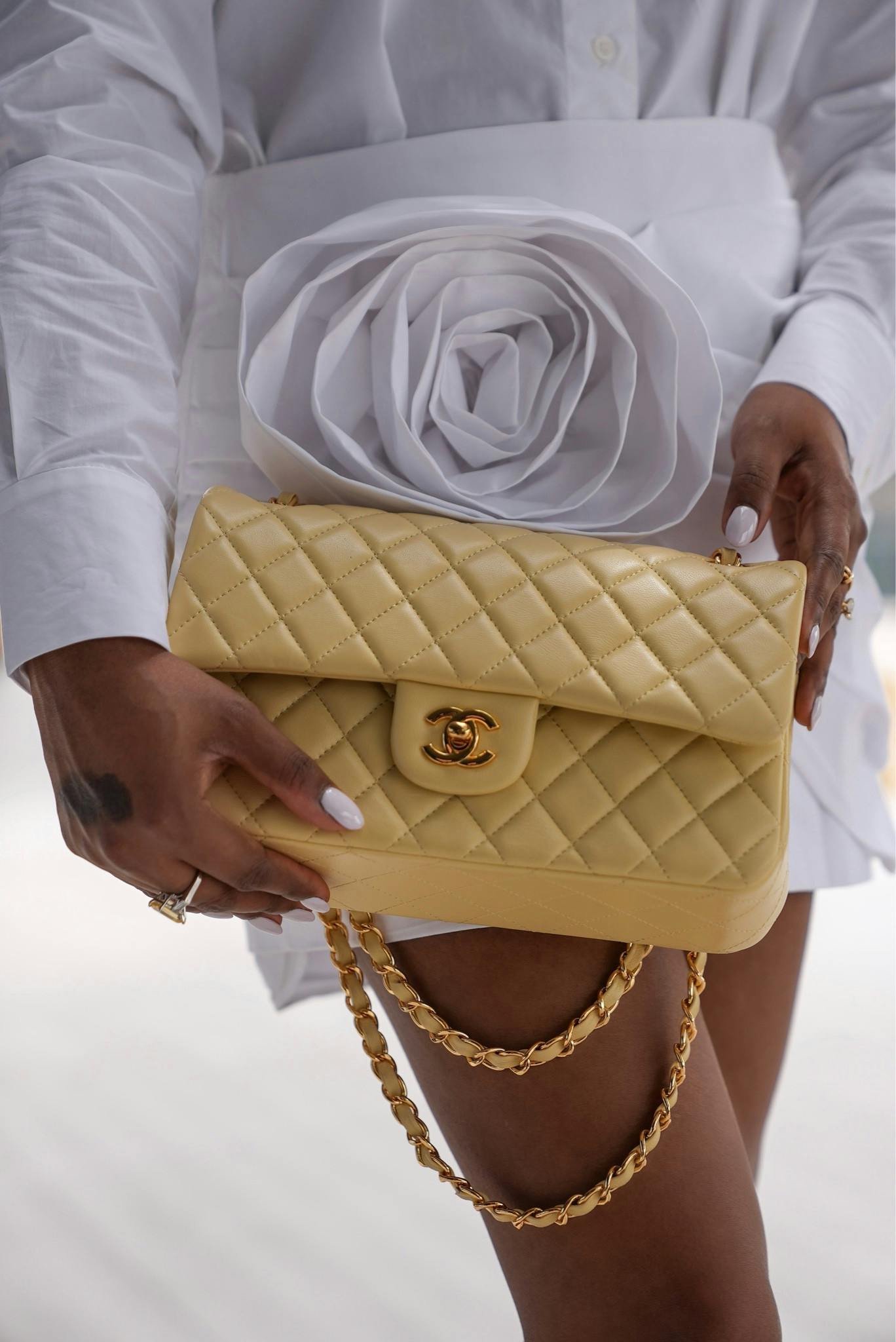 Yellow Chanel, Chanel classic flap, Chanel bag, maxi flower, summer skirt, mango